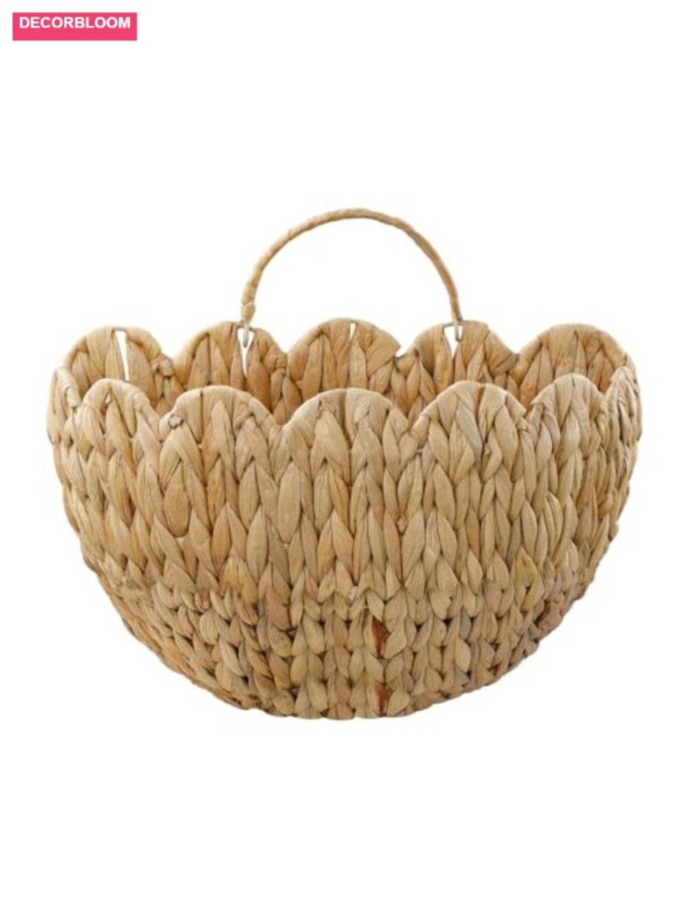 Woven Water Hyacinth Hanging Basket with Handle, Scalloped Wall Basket for